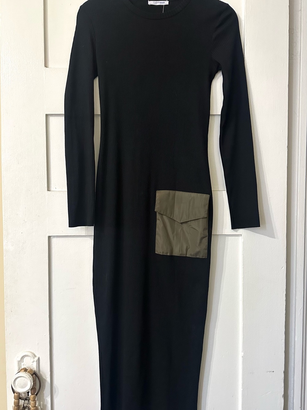Zara Black Long Sleeve Midi Dress with Side Pocket Detail Sz Md